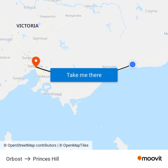 Orbost to Princes Hill map