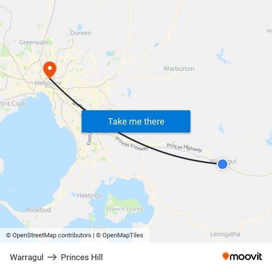 Warragul to Princes Hill map