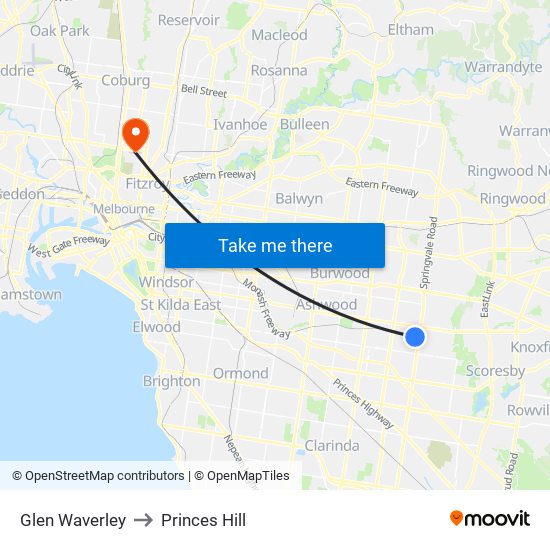 Glen Waverley to Princes Hill map