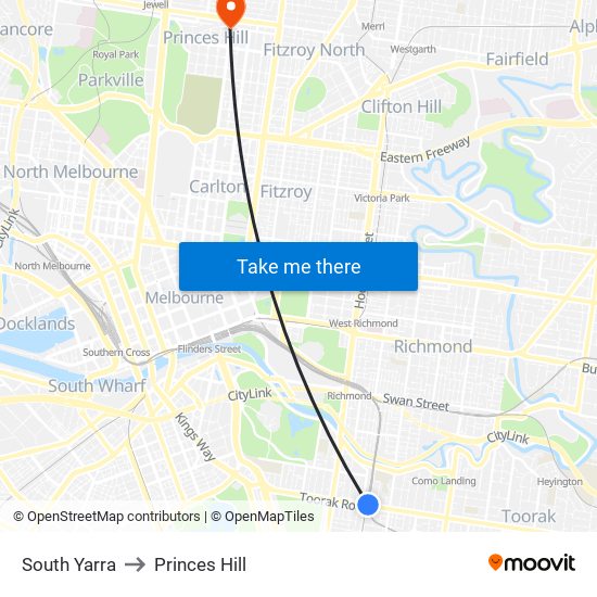 South Yarra to Princes Hill map