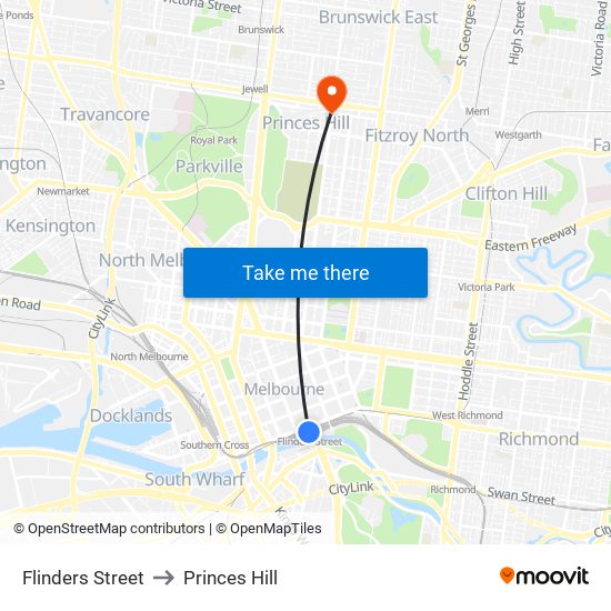 Flinders Street to Princes Hill map