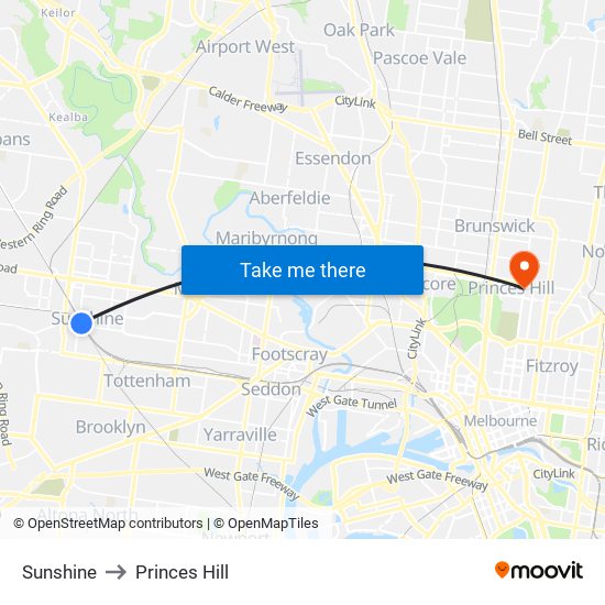 Sunshine to Princes Hill map