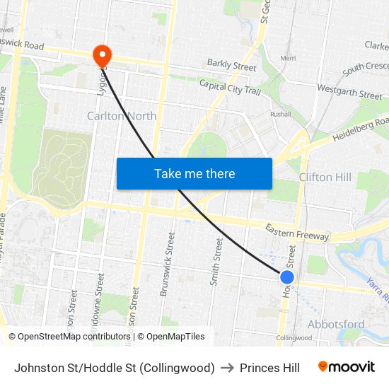 Johnston St/Hoddle St (Collingwood) to Princes Hill map