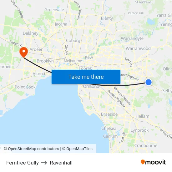 Ferntree Gully to Ravenhall map