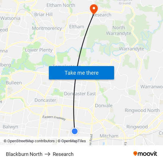 Blackburn North to Research map