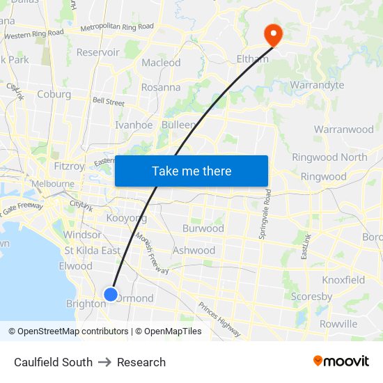 Caulfield South to Research map