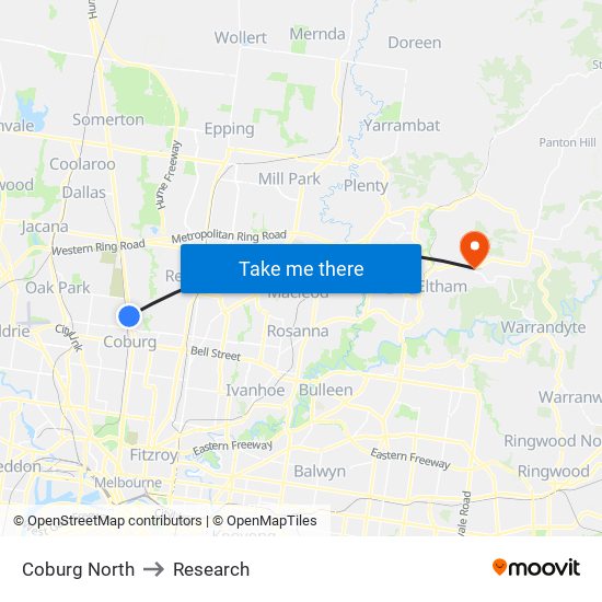 Coburg North to Research map