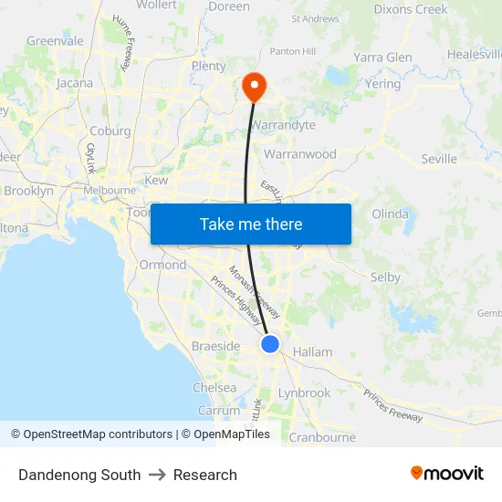 Dandenong South to Research map
