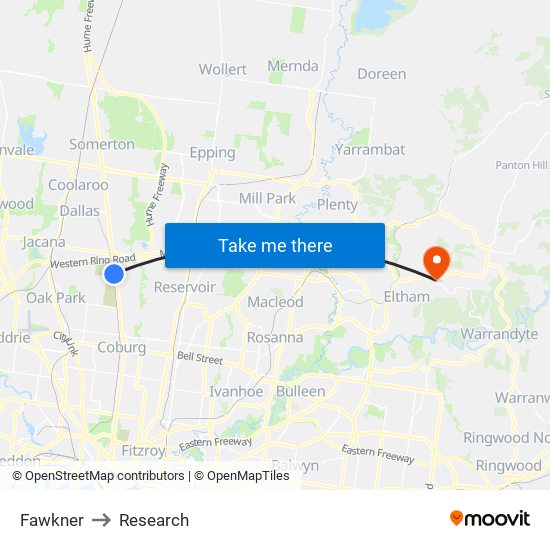 Fawkner to Research map