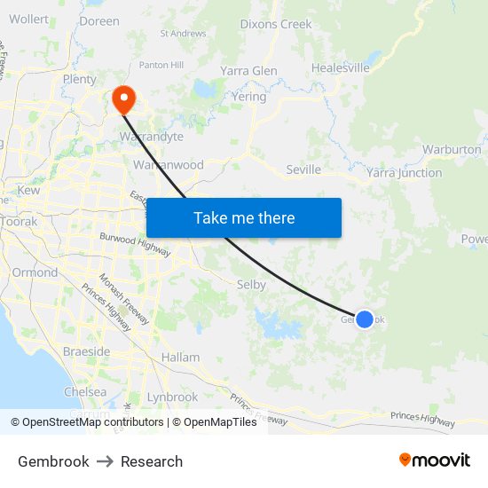 Gembrook to Research map