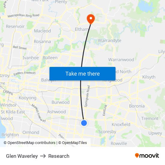 Glen Waverley to Research map