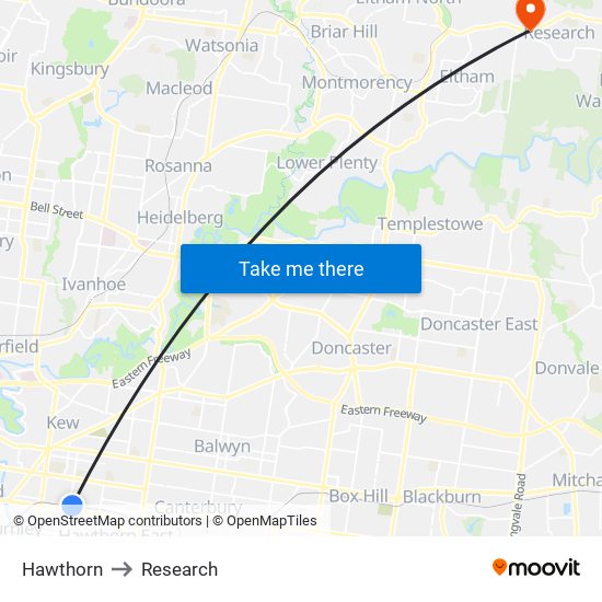 Hawthorn to Research map