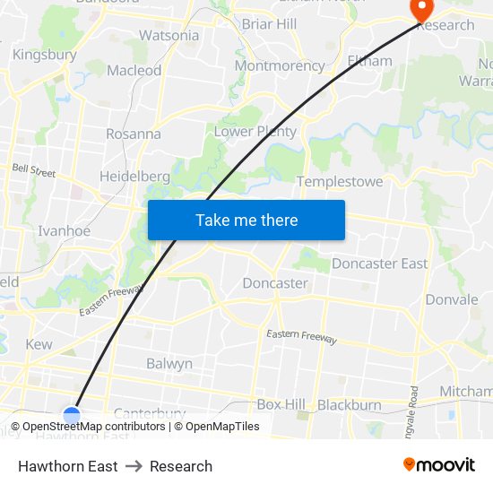 Hawthorn East to Research map