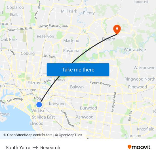 South Yarra to Research map