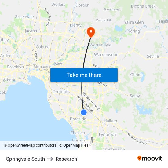 Springvale South to Research map