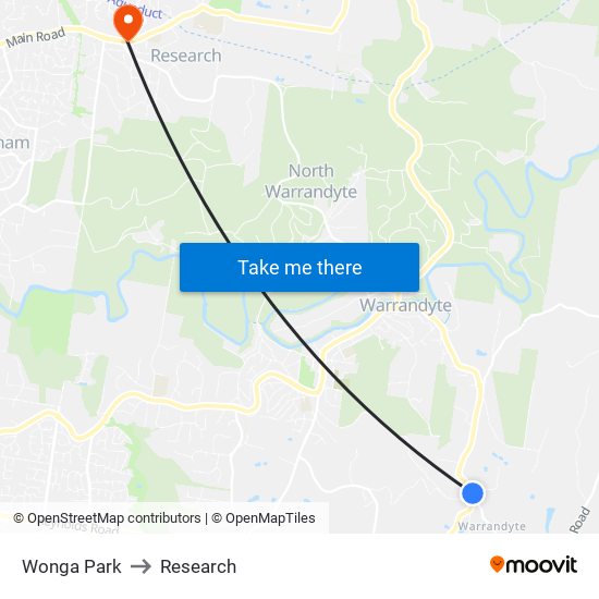 Wonga Park to Research map