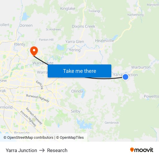 Yarra Junction to Research map