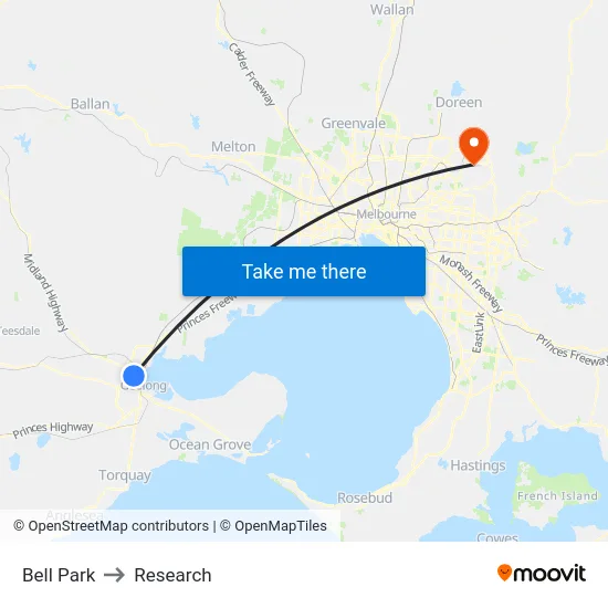 Bell Park to Research map