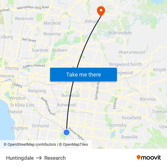 Huntingdale to Research map