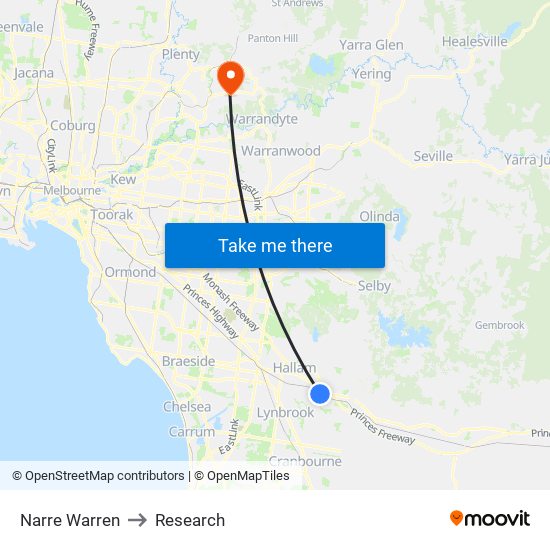 Narre Warren to Research map