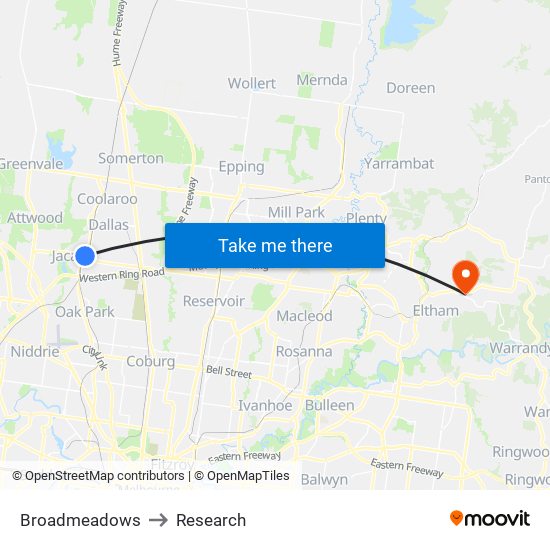 Broadmeadows to Research map