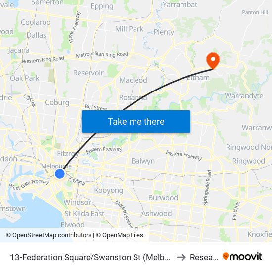 13-Federation Square/Swanston St (Melbourne City) to Research map