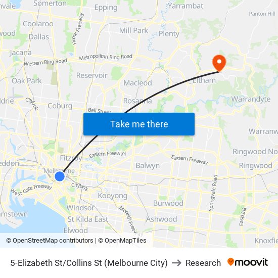 5-Elizabeth St/Collins St (Melbourne City) to Research map