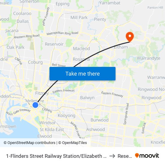 1-Flinders Street Railway Station/Elizabeth St (Melbourne City) to Research map