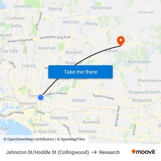 Johnston St/Hoddle St (Collingwood) to Research map