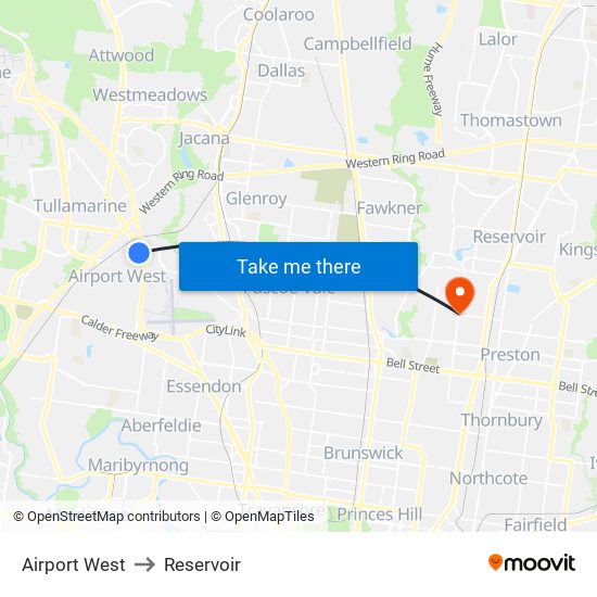 Airport West to Reservoir map