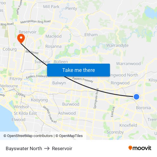 Bayswater North to Reservoir map