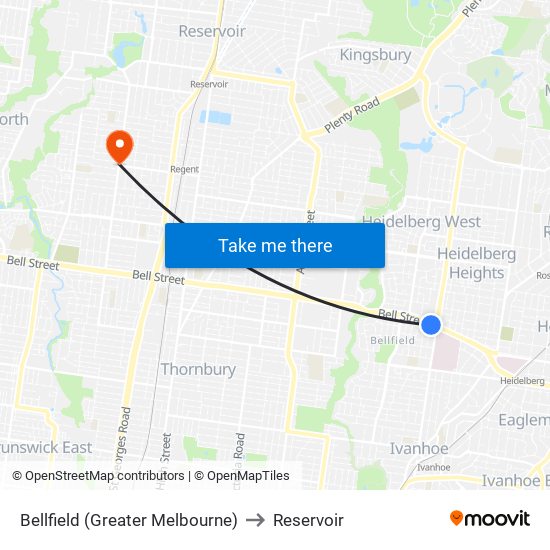 Bellfield (Greater Melbourne) to Reservoir map