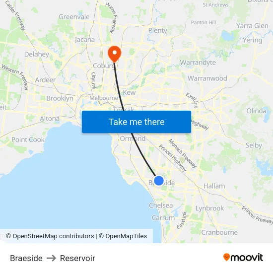 Braeside to Reservoir map