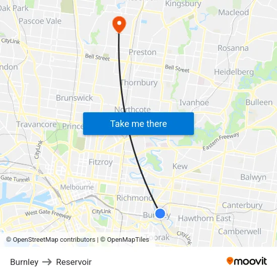 Burnley to Reservoir map
