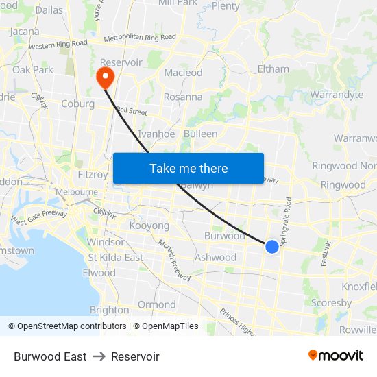 Burwood East to Reservoir map