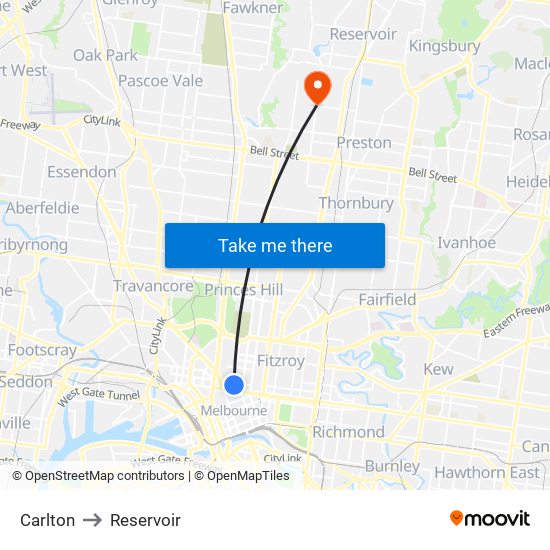 Carlton to Reservoir map