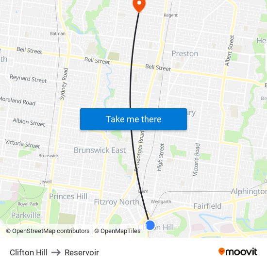 Clifton Hill to Reservoir map