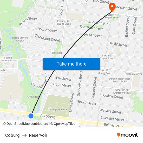 Coburg to Reservoir map