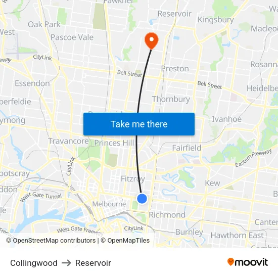 Collingwood to Reservoir map