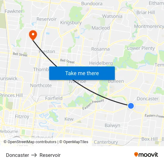 Doncaster to Reservoir map