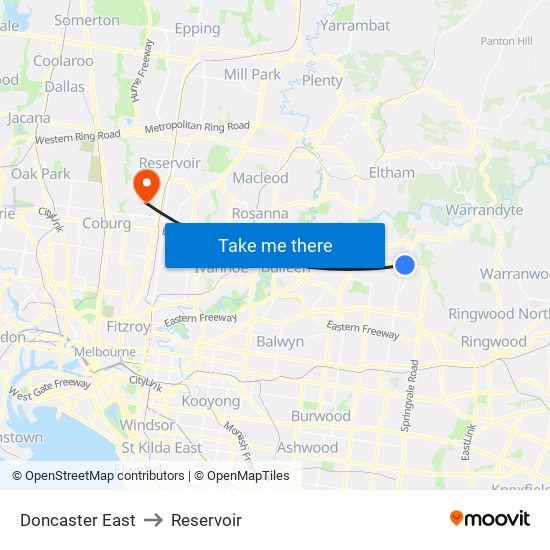 Doncaster East to Reservoir map