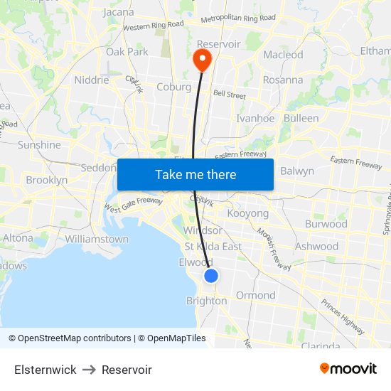 Elsternwick to Reservoir map