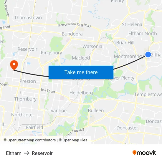 Eltham to Reservoir map