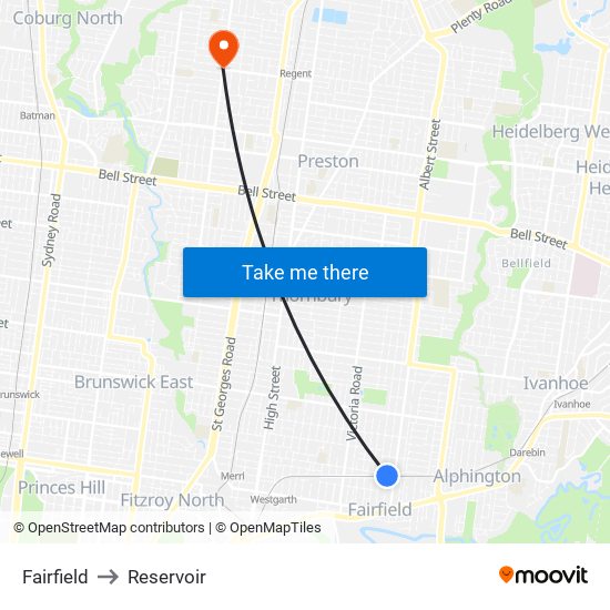 Fairfield to Reservoir map