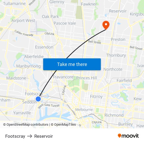 Footscray to Reservoir map