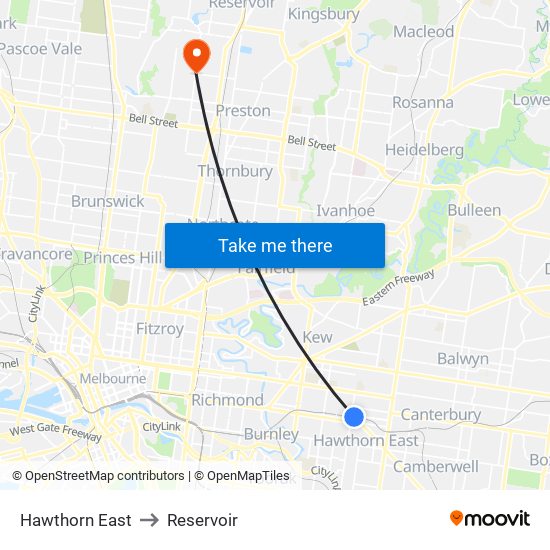 Hawthorn East to Reservoir map