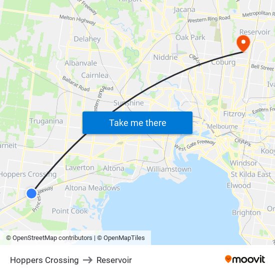 Hoppers Crossing to Reservoir map