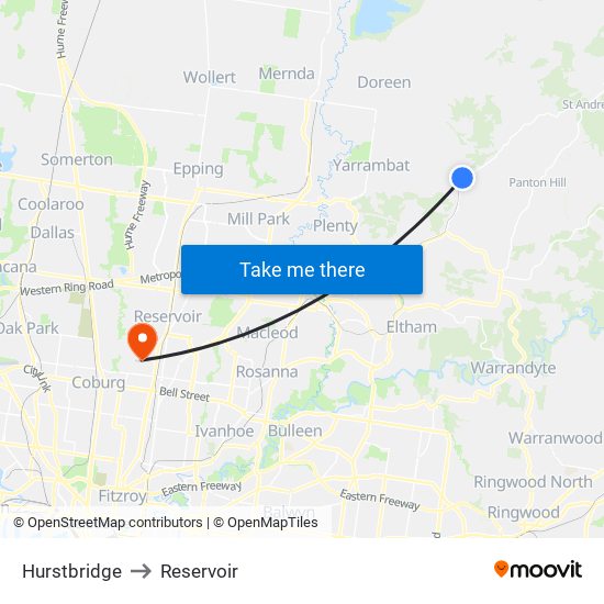 Hurstbridge to Reservoir map