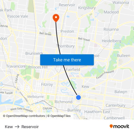 Kew to Reservoir map