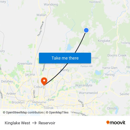 Kinglake West to Reservoir map